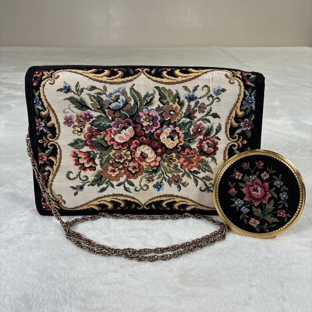 Vntg Style Floral Embroidered Tapestry Chain Handle Shoulder Bag & Compact Chrty